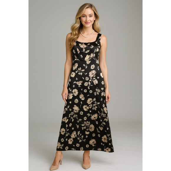 California Concepts Maxi Dress Womens S‎ Black Floral Satin 90s Y2K Vtg Romantic - Picture 1 of 12